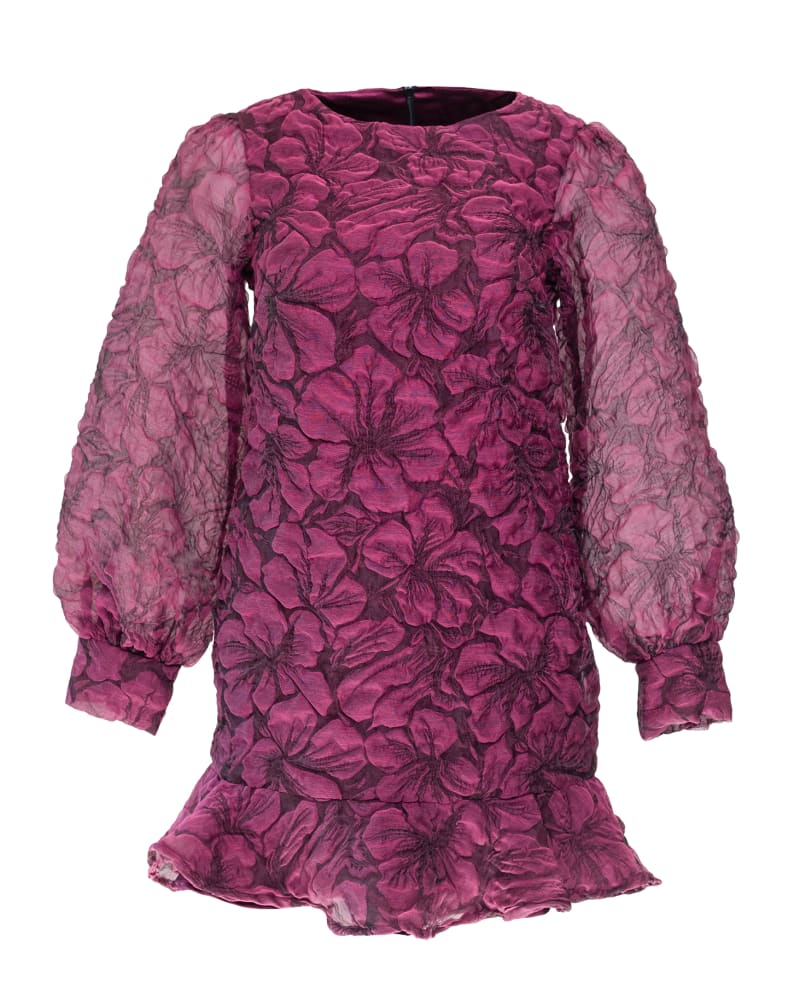 Front of a size 1X Floral Long Sleeve Mini Dress in Burgundy by Hilary MacMillan. | dia_product_style_image_id:316497